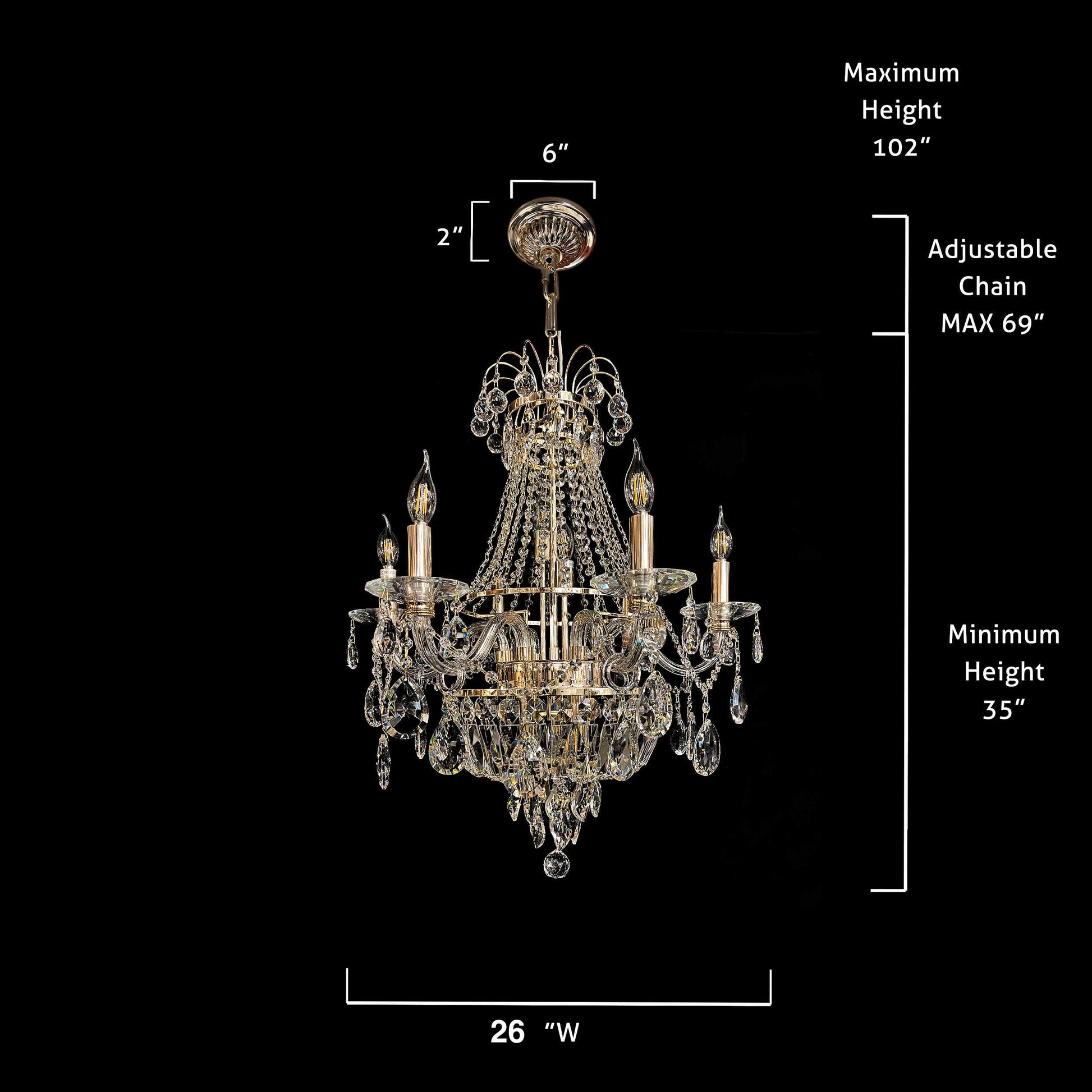 26-inch gold crystal chandelier size and dimension diagram.