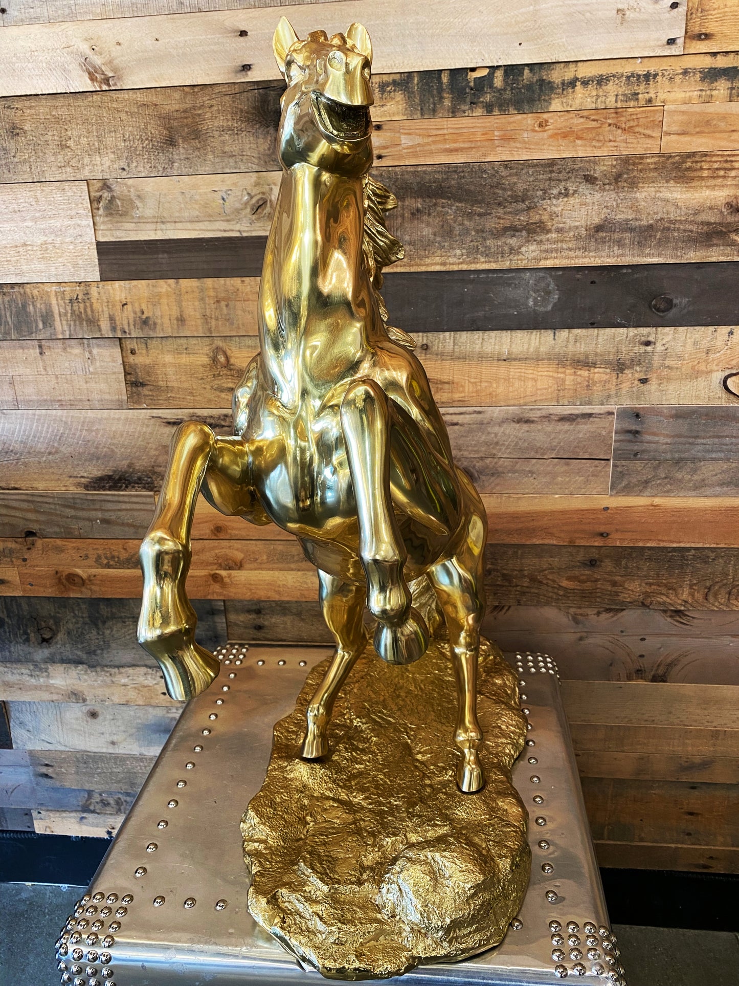 Full front view of the heavy 59 lb brass rearing horse statue, perfect as a luxury statement piece for home or office.
