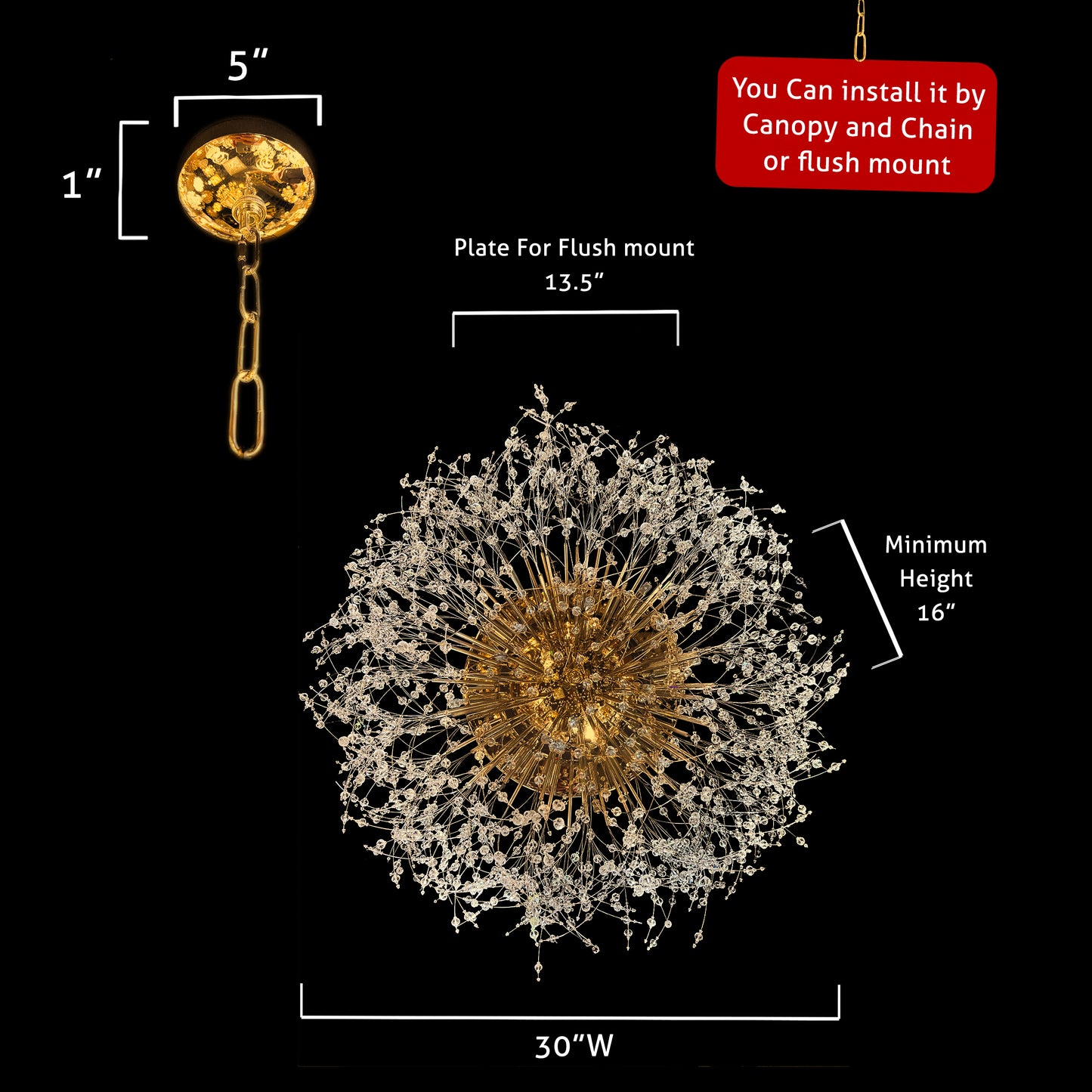 Measurement diagram of 30 inch gold starburst crystal flush mount chandelier
