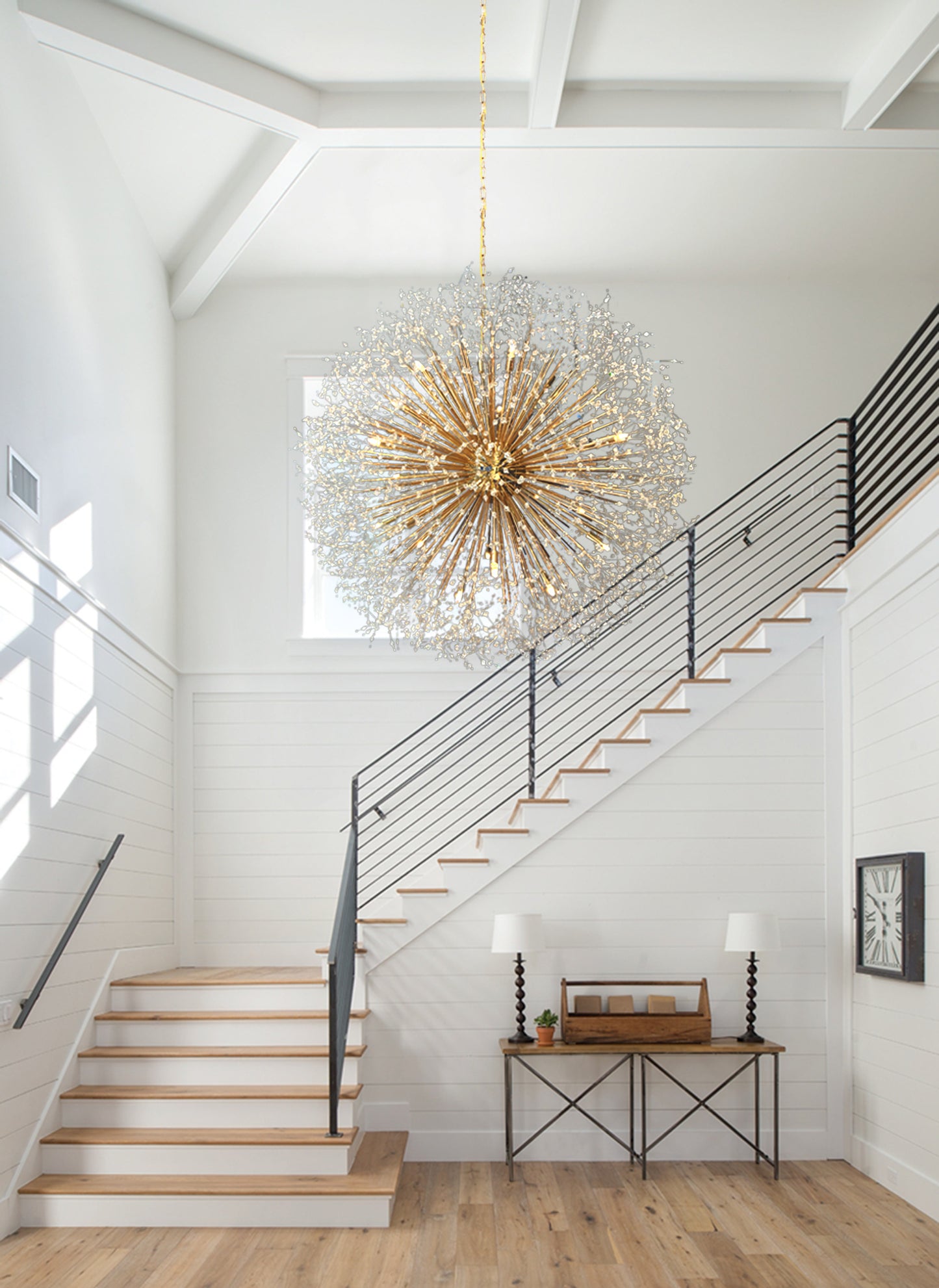 Gold starburst chandelier for foyer or staircase with radiant sparkle