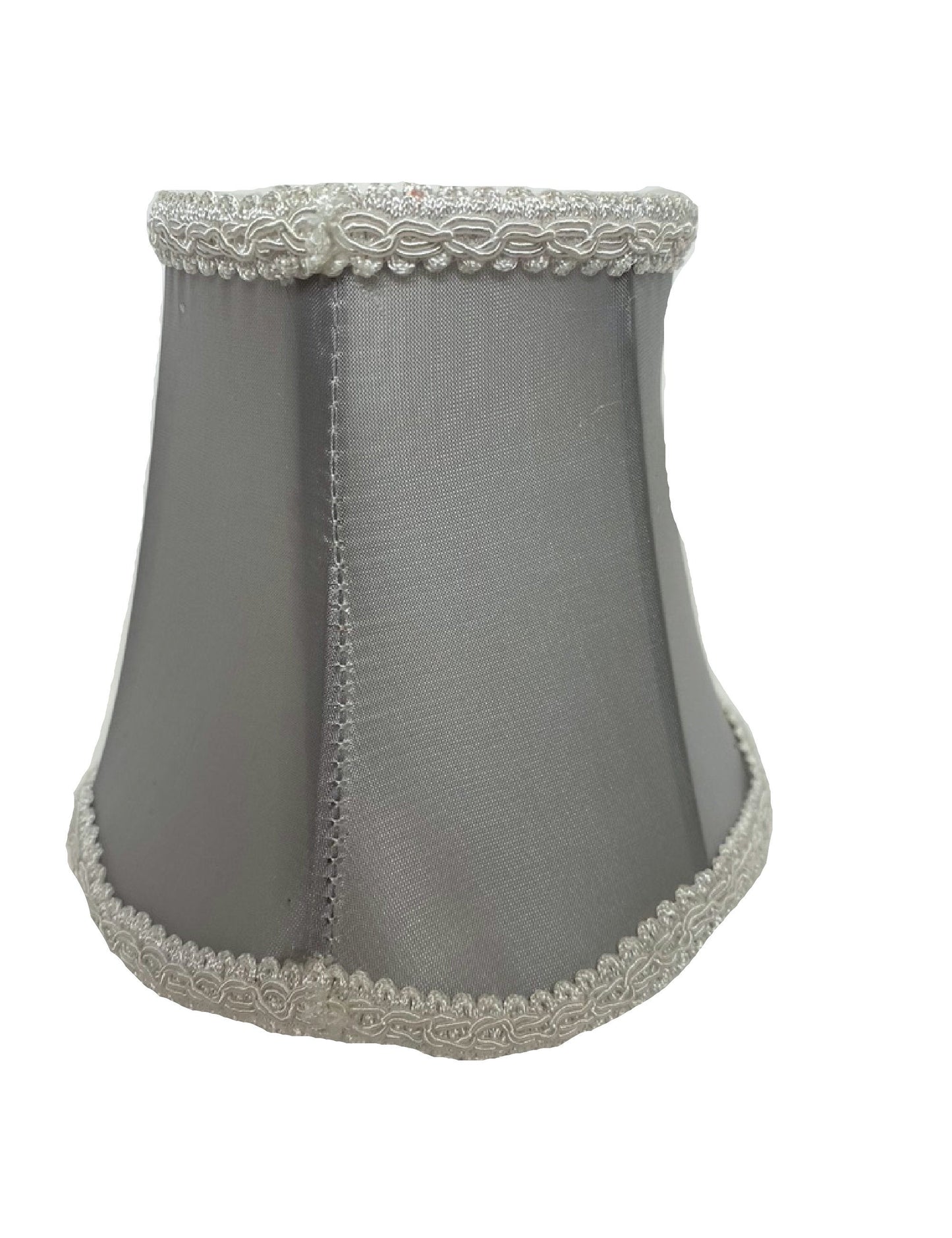 A light gray satin clip-on lamp shade with elegant trim, designed for use with chandeliers and other lighting fixtures.