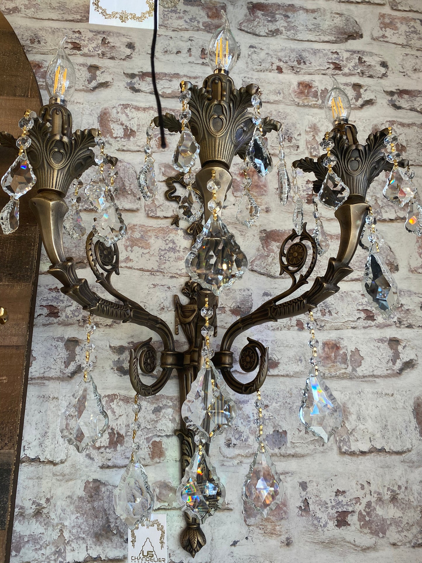 Traditional Italian Handmade Brass and Crystal Wall Lamp