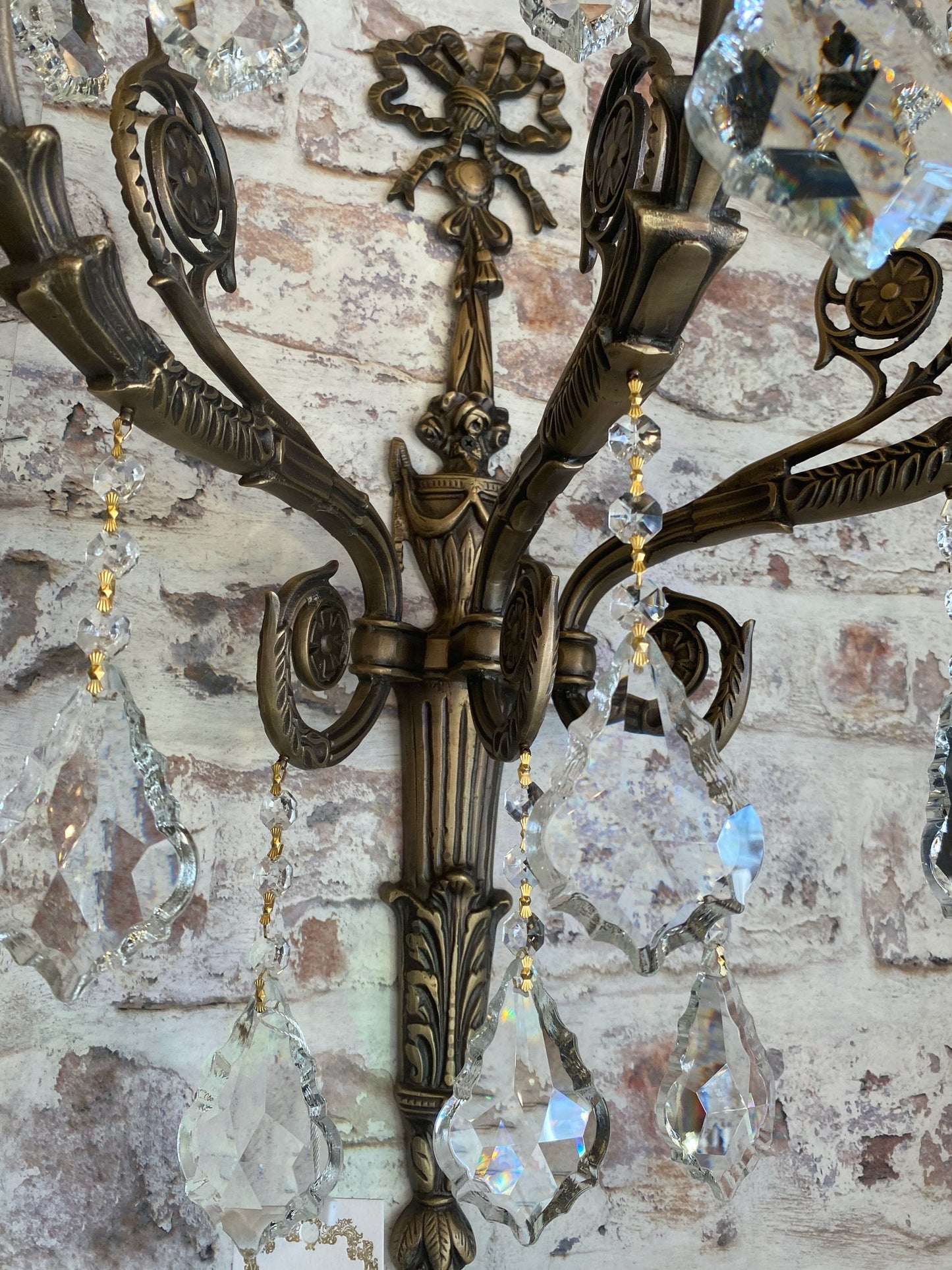 Traditional Italian Handmade Brass and Crystal Wall Lamp
