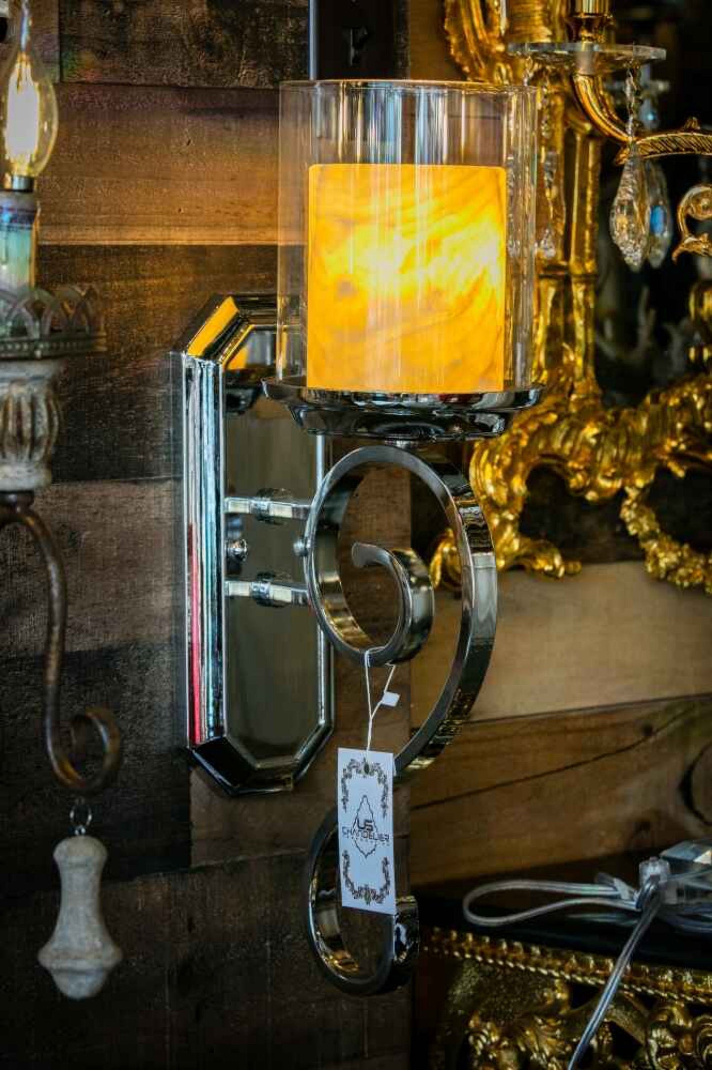 Modern Chrome Wall Sconce with Marble Stone and Glass Shade