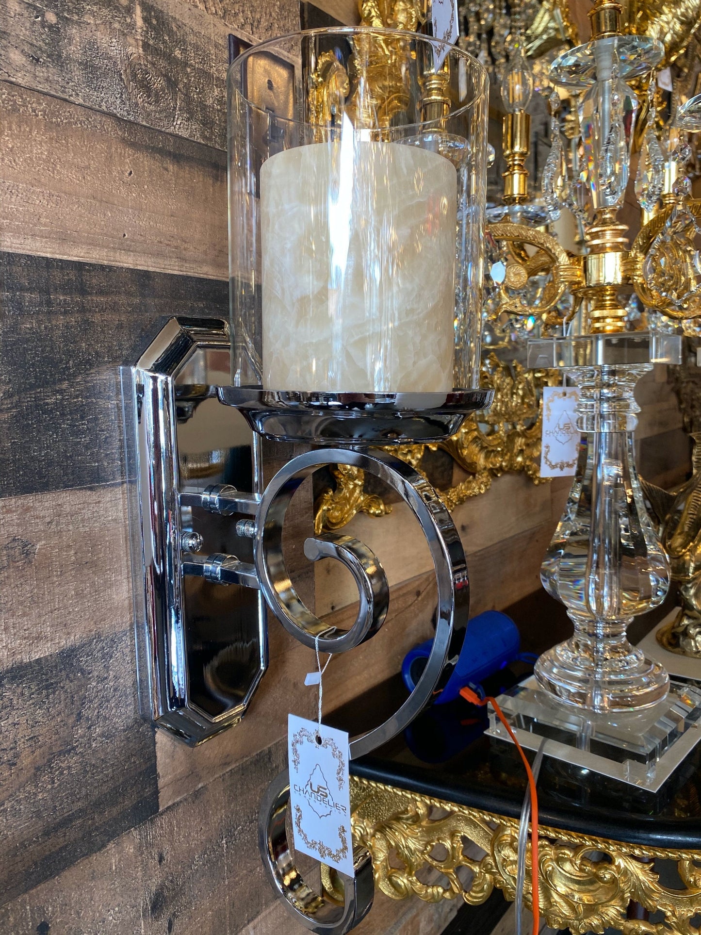 Modern Chrome Wall Sconce with Marble Stone and Glass Shade