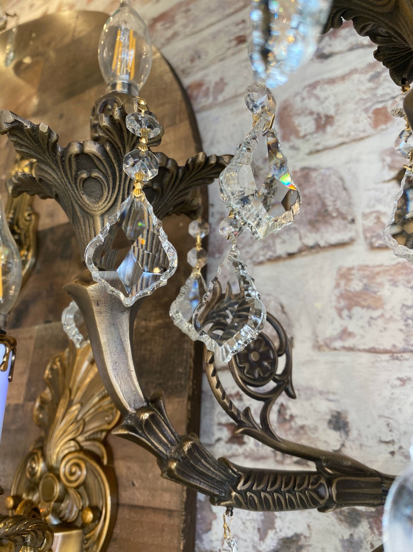 Traditional Italian Handmade Brass and Crystal Wall Lamp