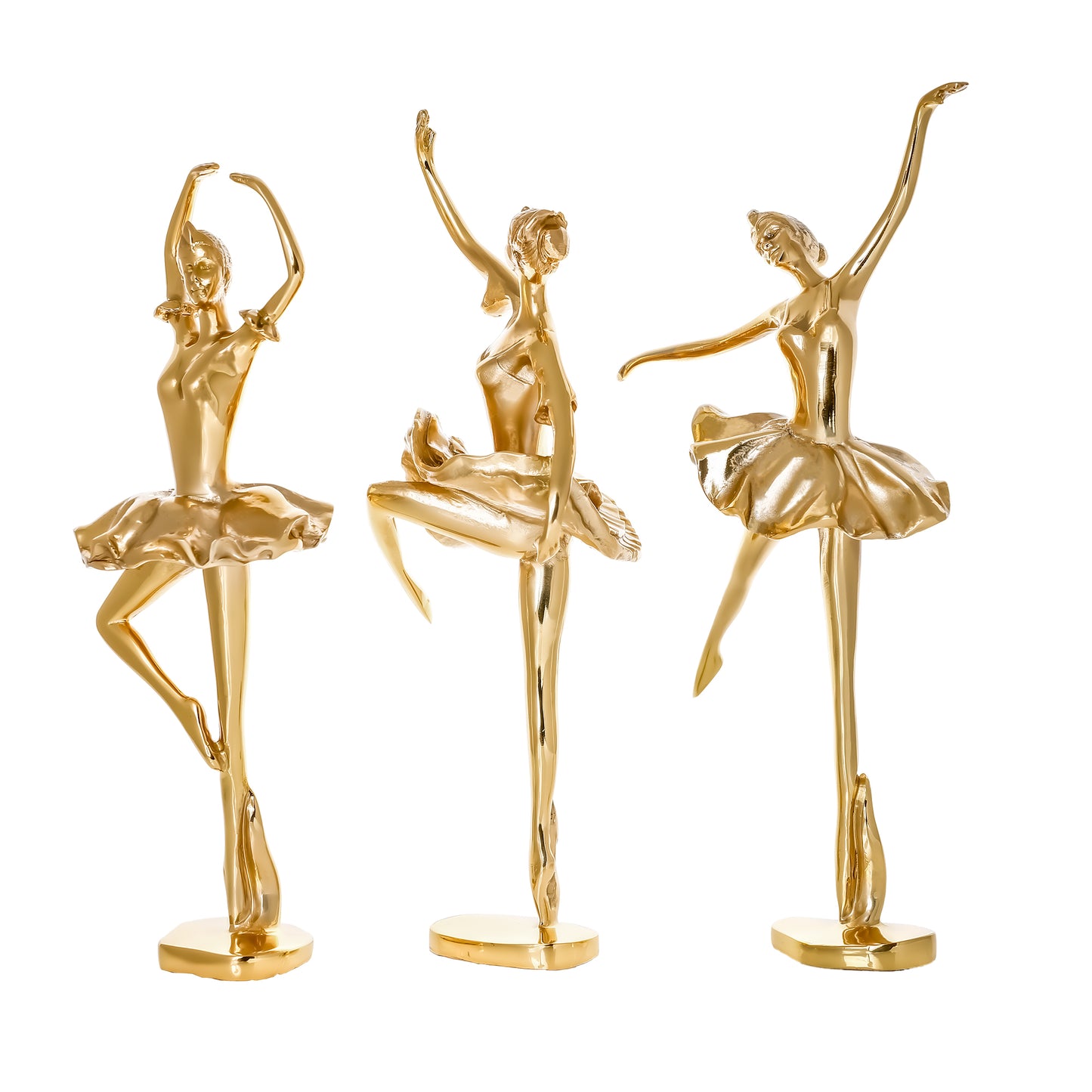 Individual solid brass ballerina sculptures displaying unique ballet poses