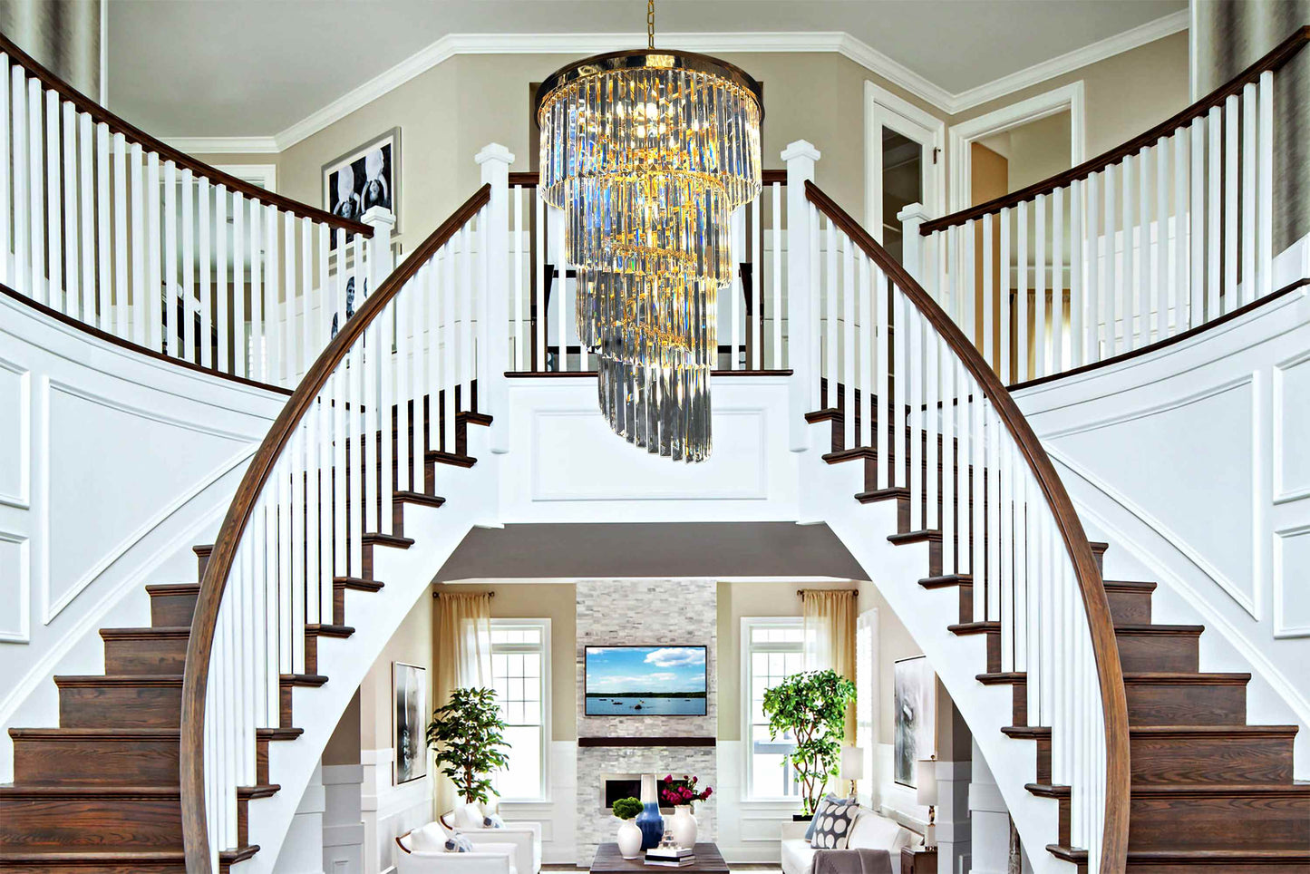 Luxury gold chandelier in grand staircase