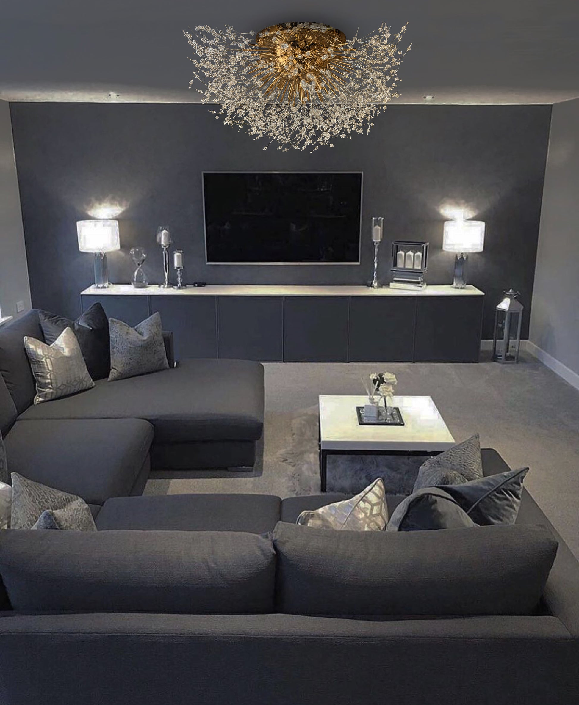 	Modern gold ceiling light with precision-cut crystal branches for living room