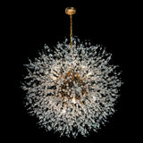 A 24-inch gold crystal chandelier with a starburst design, featuring nano-cut crystal beads and a central gold fixture, hanging from a gold chain.