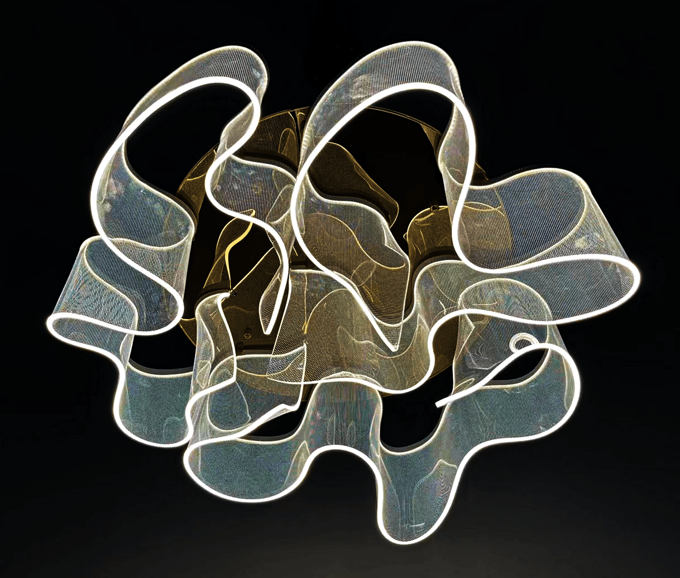  Side view of gold LED chandelier showing curved acrylic panels