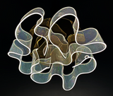  Side view of gold LED chandelier showing curved acrylic panels