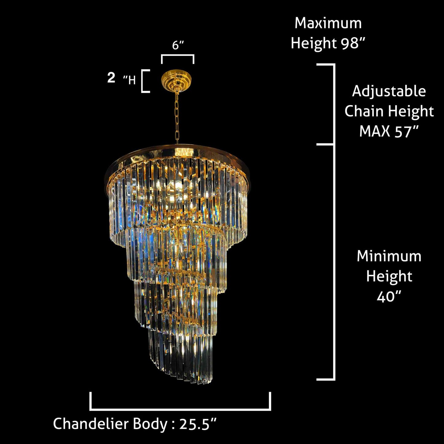 Gold tiered crystal chandelier dimensions with adjustable chain