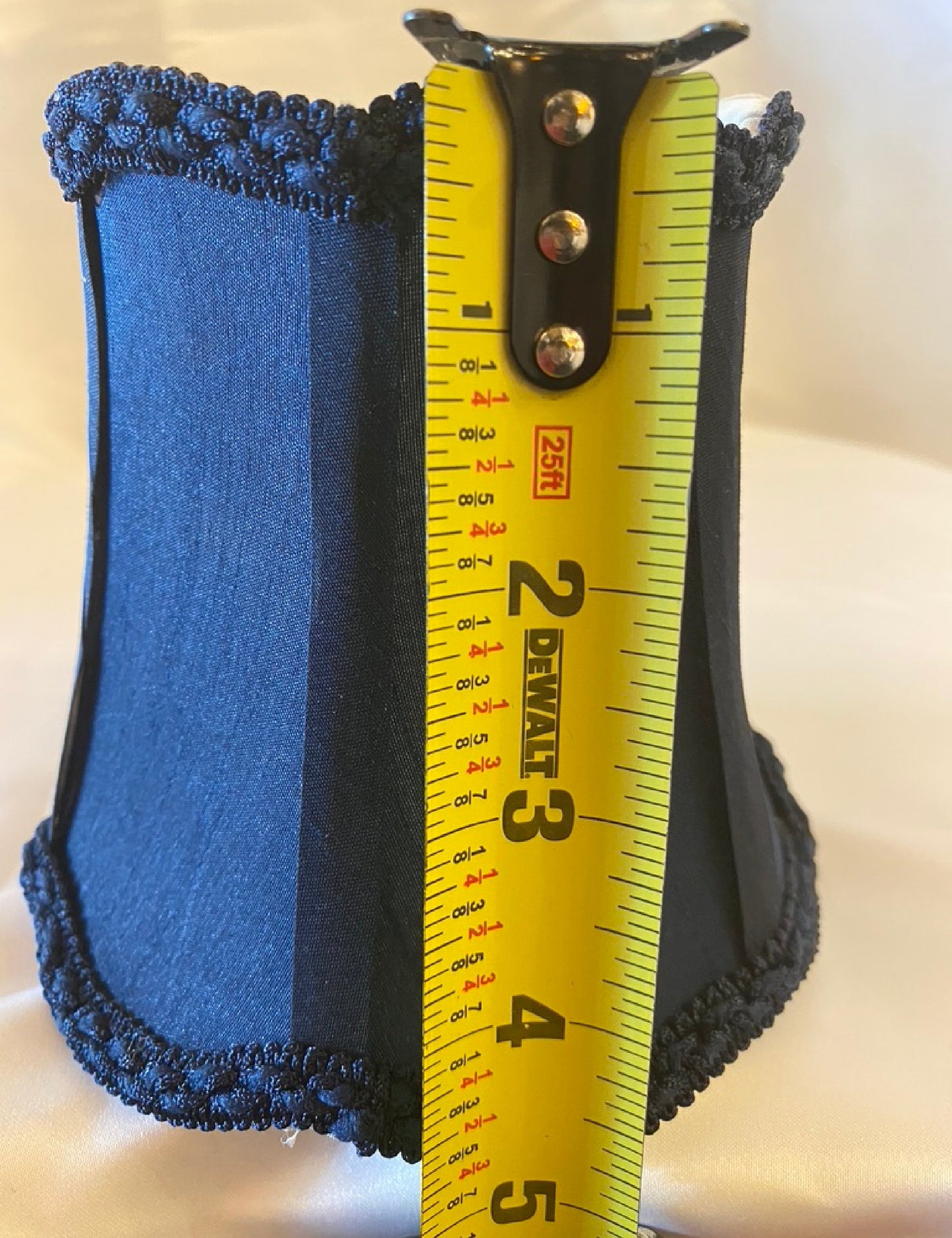 Navy blue clip-on lamp shade height measurement detail