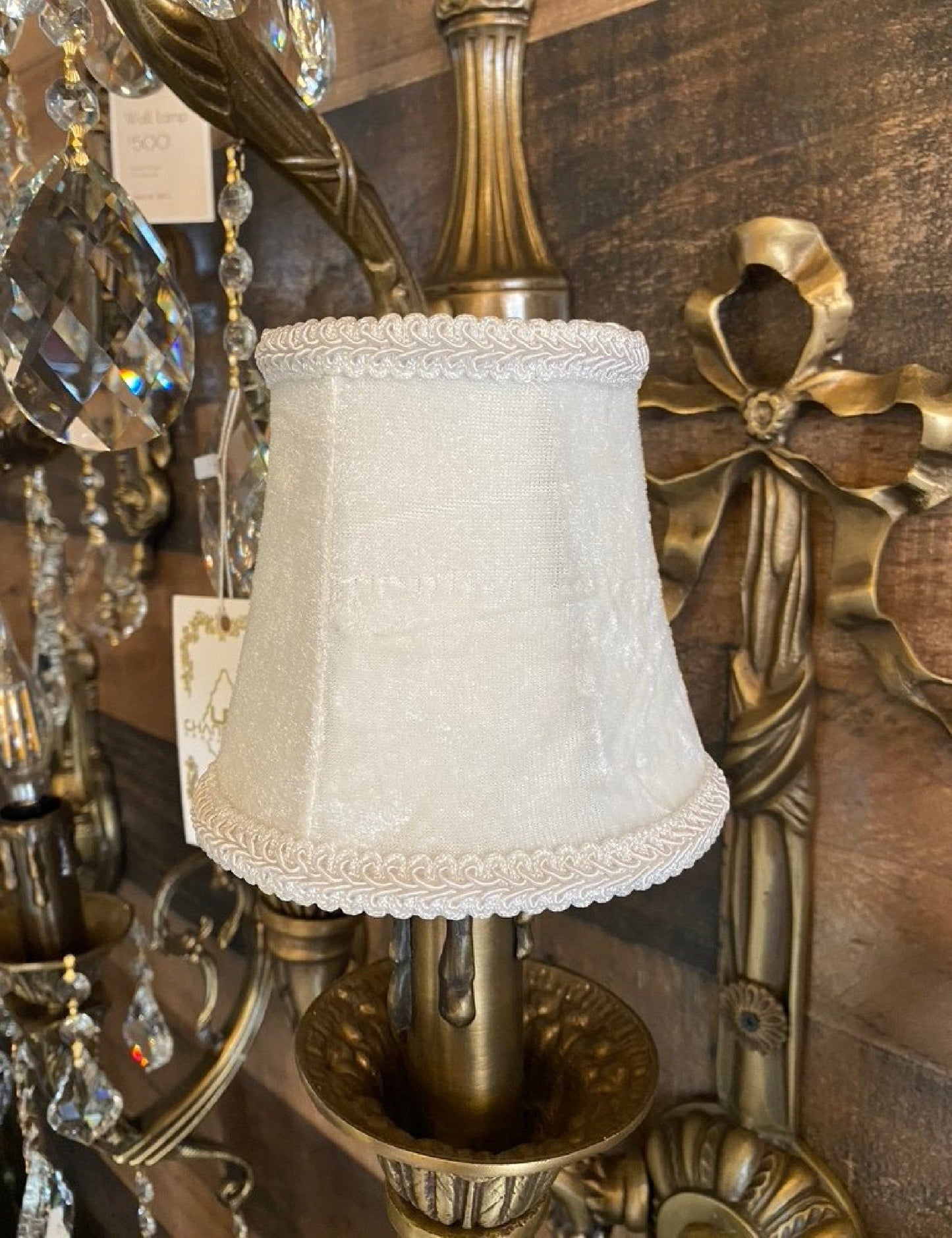 White velvet clip-on shade installed on lamp  arm